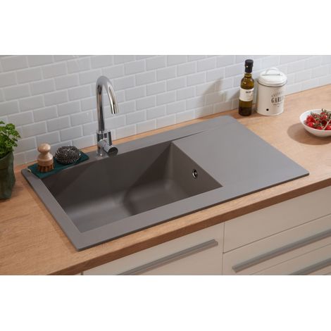 Respekta – Évier à encastrer 1 bac en granit minéral 86 x 50 cm – Couleur gris béton – Résistance aux chocs et produits chimiques – Pour meuble bas 60 cm