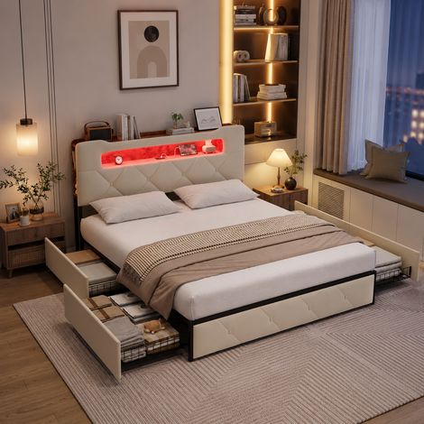 Lit coffre 140×190 cm,4 tiroirs,lit double capitonné,lumière LED et port USB,cadre de lit 140×190,tête de lit avec rangement,style moderne,sommier à lattes,lit adulte,lit ados,Velours,Beige (1/5)