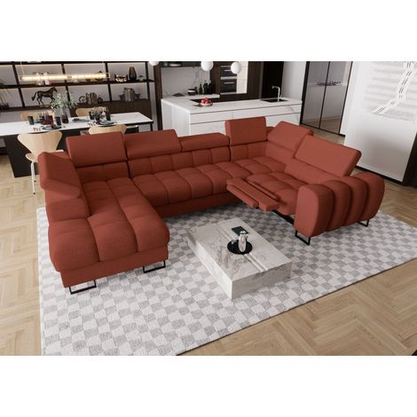 Wohnlandschaft Schlafsofa BASTIEN RELAX in Stoff Moly Ziegelrot Ottomane Links