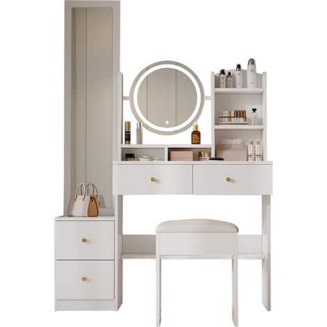 Coiffeuse 4-en-1 avec miroir pleine longueur et miroir rotatif, tabouret inclus, éclairage LED 3 couleurs, poignées en métal, blanc, 109×36×164 cm