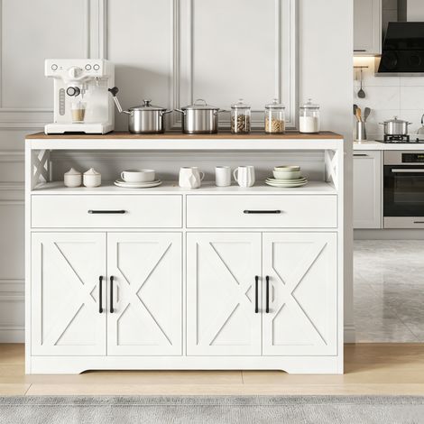 Buffet cuisine 140x40x105 cm, Meuble de Rangement Multifonction, Armoire de Cuisine avec Étagères Réglables et Compartiment Ouvert, Blanc (1/5)