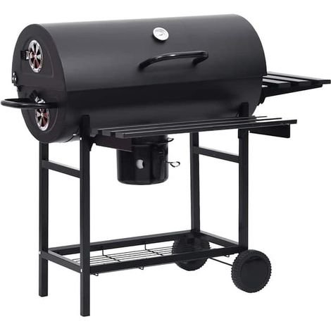 Barbecue vidaXL en forme de tonneau avec roulettes et table, en acier noir, 115 x 85 x 95 cm, noir (1/5)