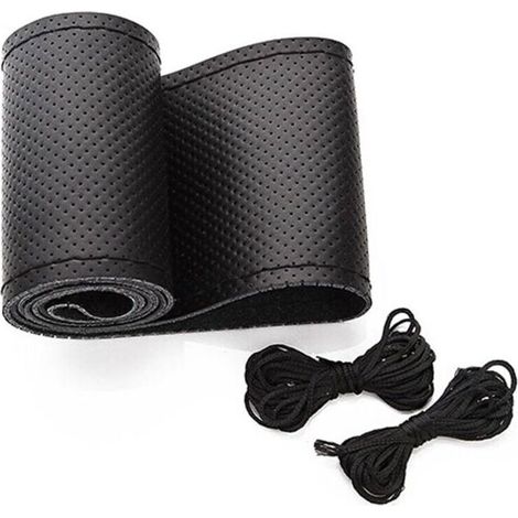 Universeller Autolenkradbezug aus Leder, zum Selbernähen, atmungsaktiv und rutschfest, 15 Zoll (schwarz)