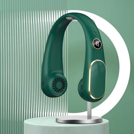 Ventilateur de cou – Muet, 4 vitesses, écran LED, sans pales – pour sport, extérieur – vert (1/5)