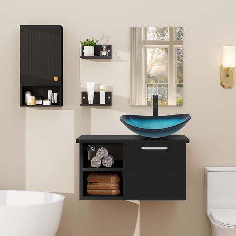 Puluomis Ensemble de meuble-lavabo, meuble mural - vasque, meuble mural à rayures noires, meuble-lavabo en bois noir - avec miroir, vasque -robinet, lavabo en verre bleu, ensemble de salle de bain (1/5)