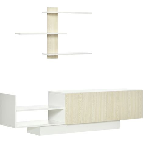 Meuble TV en bois naturel avec table 150x31,5x40 cm et étagère murale 95,5x16x60 cm pour salon moderne (1/5)