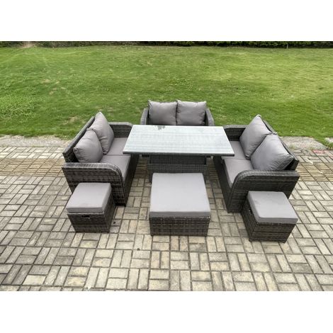 Fimous Rattan Garten Möbel Set Einstellbarer Aufsteigenderr Esstisch mit 3 Fußhockern (1/5)