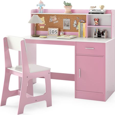 Costway – Bureau enfant avec chaise ergonomique – Dimensions 109,5x48x100,5cm – Rangement ample avec étagères, tiroir et armoire – Tableau en liège intégré