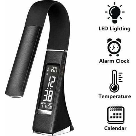 LED desk lamp/bedside lamp with adjustable brightness display, alarm clock, calendar and temperature display 3-level adjustable brightness black touch control panel. (1/4)