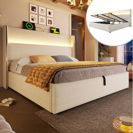 Letto a cassone adulti 180x200 cm con vano portaoggetti, LED, porte USB e USB Type-C, lino, senza materasso, senza fondo, beige (1/5)