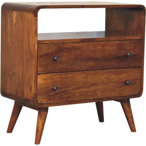 Commode en bois massif Nordic Charm courbé, 2 tiroirs, 1 niche ouverte, brun foncé (1/5)