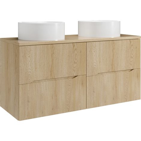 Mobile bagno sospeso scanalato con lavabo da appoggio rotondo Naturale chiaro 120 cm - ORISO (1/5)