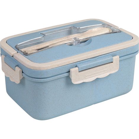 Boîte à lunch étanche 3 compartiments pour adultes, bento box bleue avec couvercle hermétique, récipient alimentaire pratique et empilable. (1/4)