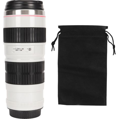 Mug à café en acier inoxydable avec couvercle hermétique, motif objectif appareil photo, idéal pour les voyages, pour hommes et femmes (blanc). (1/5)