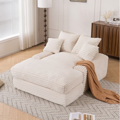 Méridienne 135x165x58 cm beige en velours côtelé et mousse haute densité avec 4 coussins, sans montage (1/3)
