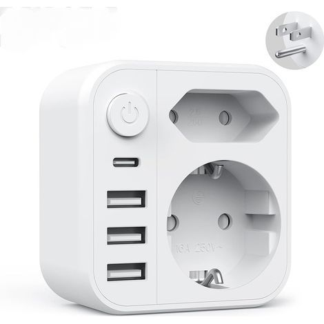 6-in-1 French/American power adapter - with 3 USB-A ports, 1 USB-C port and 2 standard European sockets - (1/5)