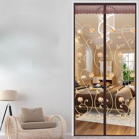 Rideau de porte magnétique anti-insectes marron, broderie rose, doux, aéré, silencieux, sans bruit, avec bordure en dentelle, pour salon chambre, 100x210cm (1/5)
