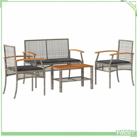 Salon de jardin 4 pcs - FAFEICY - 366267 - Résine tressée gris - Plateau acacia - Coussins déhoussables lavables (1/5)