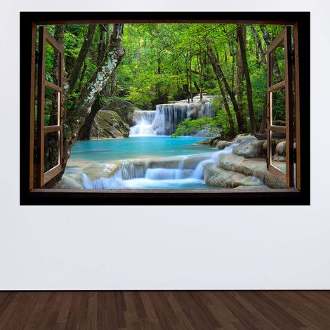 Stickers Trompe l'oeil fenêtre en bois - Rivière - 60 x 90 cm (1/3)