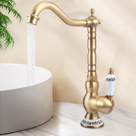 Antique Copper Kitchen and Bathroom Mixer Tap, Bronzed Brass Bathroom Tap, Tall Basin Mixer Tap with 360° Swivel Spout, Retro Basin Tap, Ceramic Handle, Retro Style