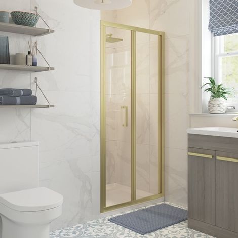 Signature Verve Brushed Brass Bi-Fold Shower Door 800mm - 5mm Glass (1/3)