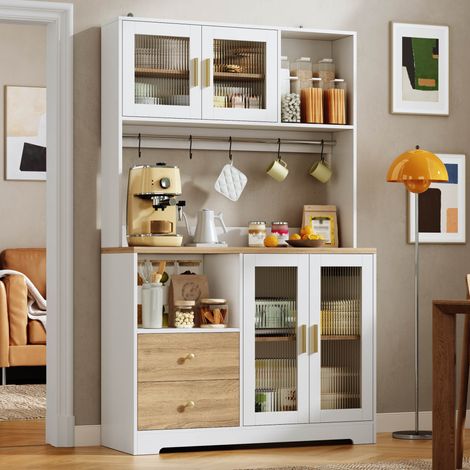 178 cm Küchenschrank, Hochschrank mit LED, Küchenregal mit Steckdose, Vitrine mit Türen aus gehärtetem Glas, Weinregal, Weiß mit Holzoptik verstärkter Arbeitsplatte (1/5)
