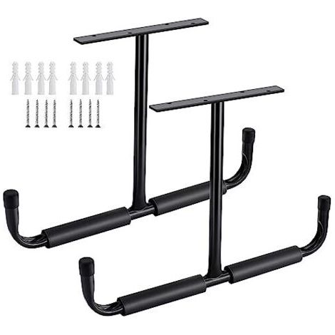 Sinoer Crochet de rangement de plafond de garage en acier, support de rangement robuste pour bois suspendu, vélos, outils, bois, système de rangement robuste, (2 paquets, noir) (1/4)