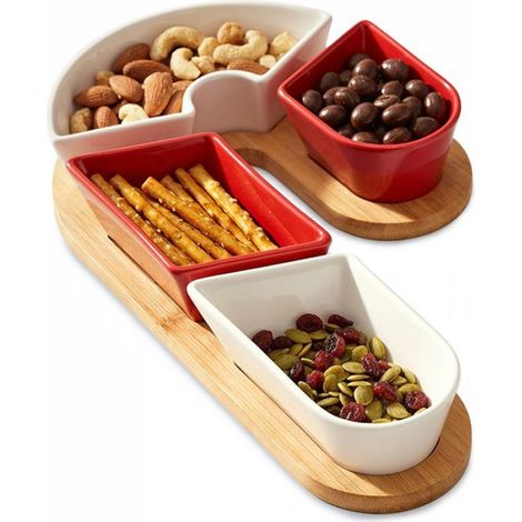 Bol Céramique - Ensemble Snack Noël 5 Pièces - Plateau Bambou - Forme Canne - Dimensions Variées (1/5)