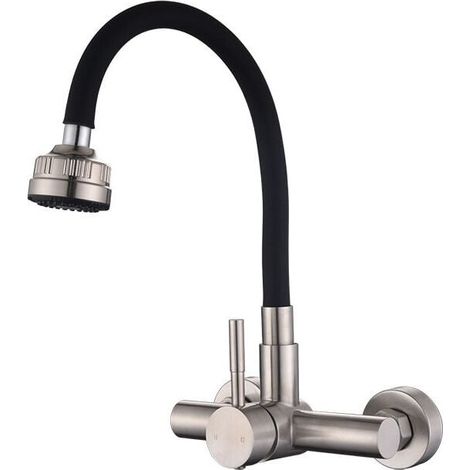 360° Wall-Mounted Kitchen Faucet, Four-Function Sprayer with Black Silicone Hose, Brushed Stainless Steel (1/4)