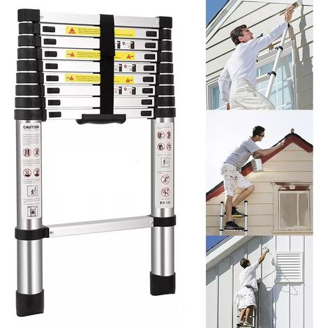 Échelle télescopique extensible 2,6 m de hauteur échelle pliante 150kg capacité de charge, 8.5 ft échelle télescopique en acier inoxydable EN131 Safe standard 330 LB capacité de charge