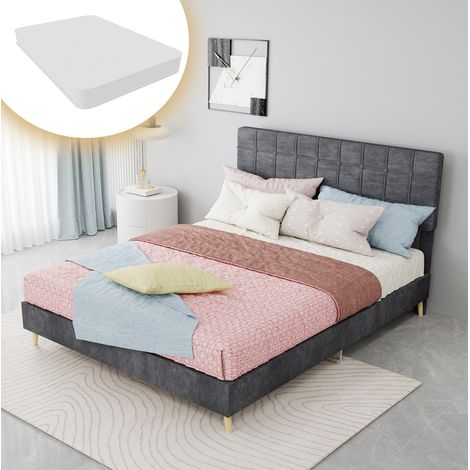 Cama con cajón de 140 x 200 cm en tejido gris con cabecero capitoné y patas de madera DESVIAE (1/5)