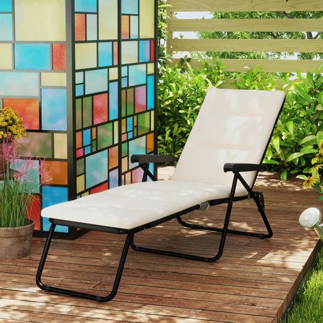 Bain de soleil pliable transat inclinable 6 positions avec matelas + accoudoirs acier polyester 153 x 58,5 x 89 cm crème