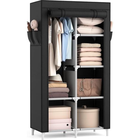 Armoire Chambre en Tissu, Armoire Penderie 2 Portes avec Barre de Suspension et Étagères, Penderie Tissu avec Housse pour Vestiaire Dressing Chambre (Noir, 84 x 42 x 162 cm) (1/5)