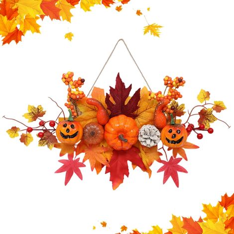 Corona de otoño/Halloween: hojas de arce + calabaza, puerta principal (1/4)