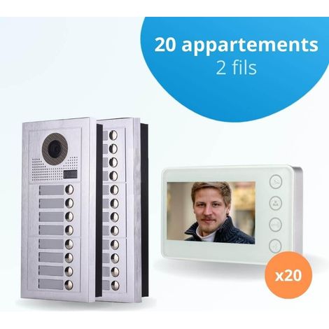 Portier interphone vidéo MODERN 2 Fils - 20 appartements - 20 écrans blancs