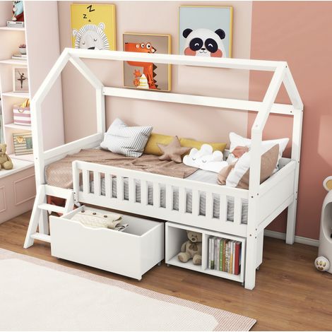 lit enfant lit chambre rangement 90x200 bois blanc OKMYHOME (1/5)