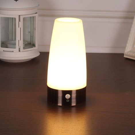 Lámpara de mesa, luz nocturna LED retro, lámpara de noche con sensor de movimiento PIR inalámbrico, funciona con 3 pilas AAA de 1,5 V, plástico, luz blanca, redonda (1/5)