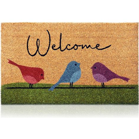 Tapis de porte en fibre de coco, motif oiseaux colorés, 74 x 43 cm. Tapis de bienvenue antidérapant en PVC et fibre de coco. Idéal pour l'entrée, les couloirs, les portes extérieures et comme accessoi (1/2)