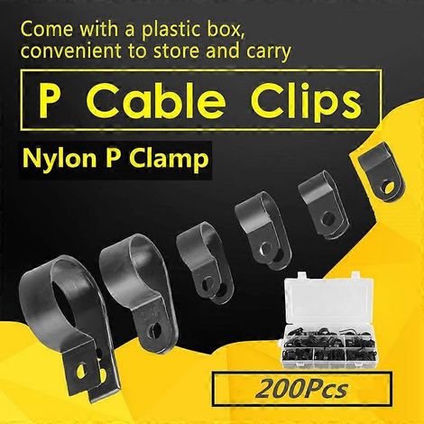200-teiliges Sortiment an schwarzen Nylon-P-Clips aus Kunststoff für Kabel und Rohre (1/4)