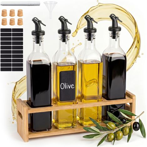 Relaxdays Öl Flasche, 4er Set, 500 ml, Bambusregal, Ausgießer, Essig, Olivenöl, Etiketten, Glasflaschen, transparent (1/5)