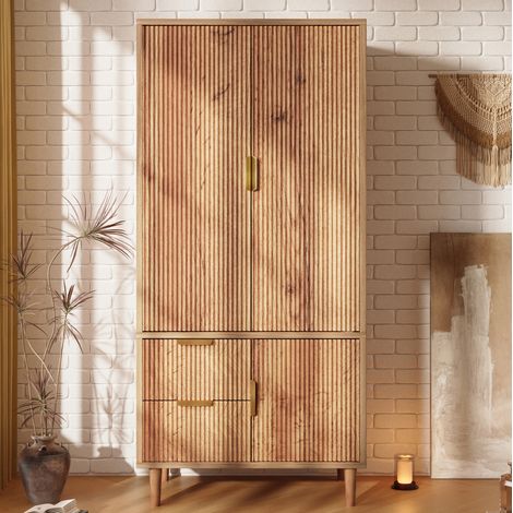 Armario ropero (80x50x177 cm), con 3 puertas y 2 cajones, barra para colgar, MDF y aglomerado, color roble (1/5)