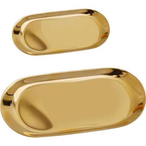 Plateau de Rangemen Doré Acier Inoxydable Plateau à Bibelots Ovale Cosmétique Bijoux Plaque, Assiette à Vaisselle pour Gâteau aux Fruits Beurre Bougie Décoration, 2 Pièces (1/5)