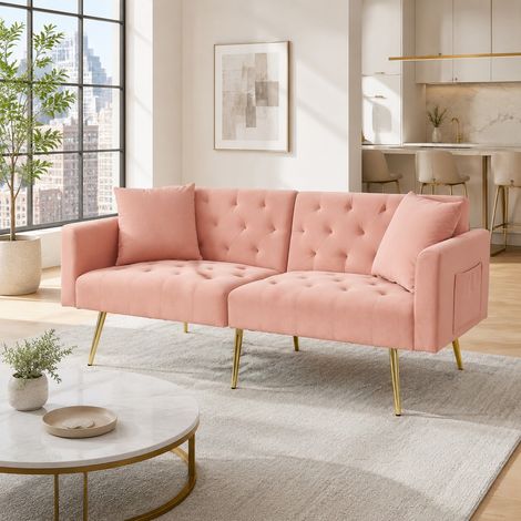 Divano 2 posti in velluto rosa, schienale reclinabile a 3 posizioni, 177 x 78 x 74 cm DESVIAE (1/5)