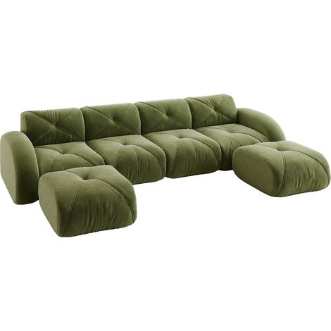 Sofá modular en U sin estructura de chenilla verde con 2 taburetes para salón (1/5)