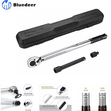Bluedeer – Clé dynamométrique professionnelle 1/2' 28-210N – Précision +/- 4% – Acier antirouille – Barre d'extension 2,75'' – Adaptateur 3/8'' - HTW2B