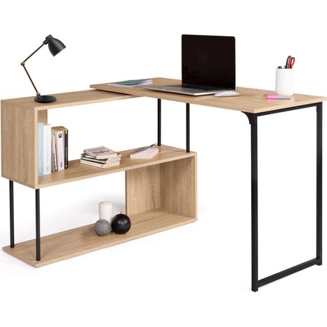 Idmarket – Bureau d'angle rotatif 180° avec étagère S – Structure bi-matière bois et métal – Longueur 165,5 cm – Design industriel moderne