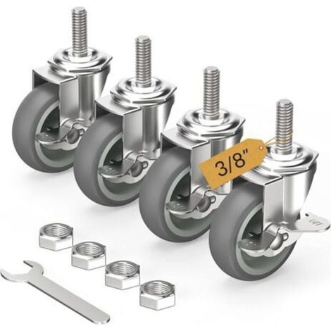 Roulettes pivotantes verrouillables de 7,6 cm (3 pouces), lot de 4, tige filetée 9,5 mm - 40,6 mm x 3,8 cm (diamètre 9,5 mm, longueur 3,8 cm), roulettes pivotantes robustes, grises (1/5)