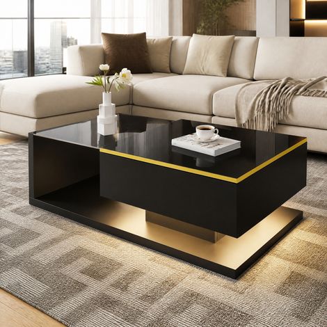 Tavolino da caffè 100 x 50 x 32,5 cm in vetro temperato, LED 16 colori, nero DESVIAE (1/5)