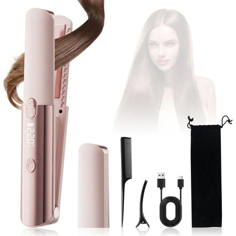 Lisseur Cheveux, Fer à Lisser Mini pour Cheveux Courts, Petits Lisseurs de Voyage et Plaques en Céramique, 7 Températures 160℃-220℃, LCD-Display, Voyage Mini Lisseur (Rose) (1/5)