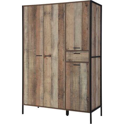 Rustic Oak 4 Door Wardrobes With Drawer Industrial Style Oak Black Metal Frames (1/5)